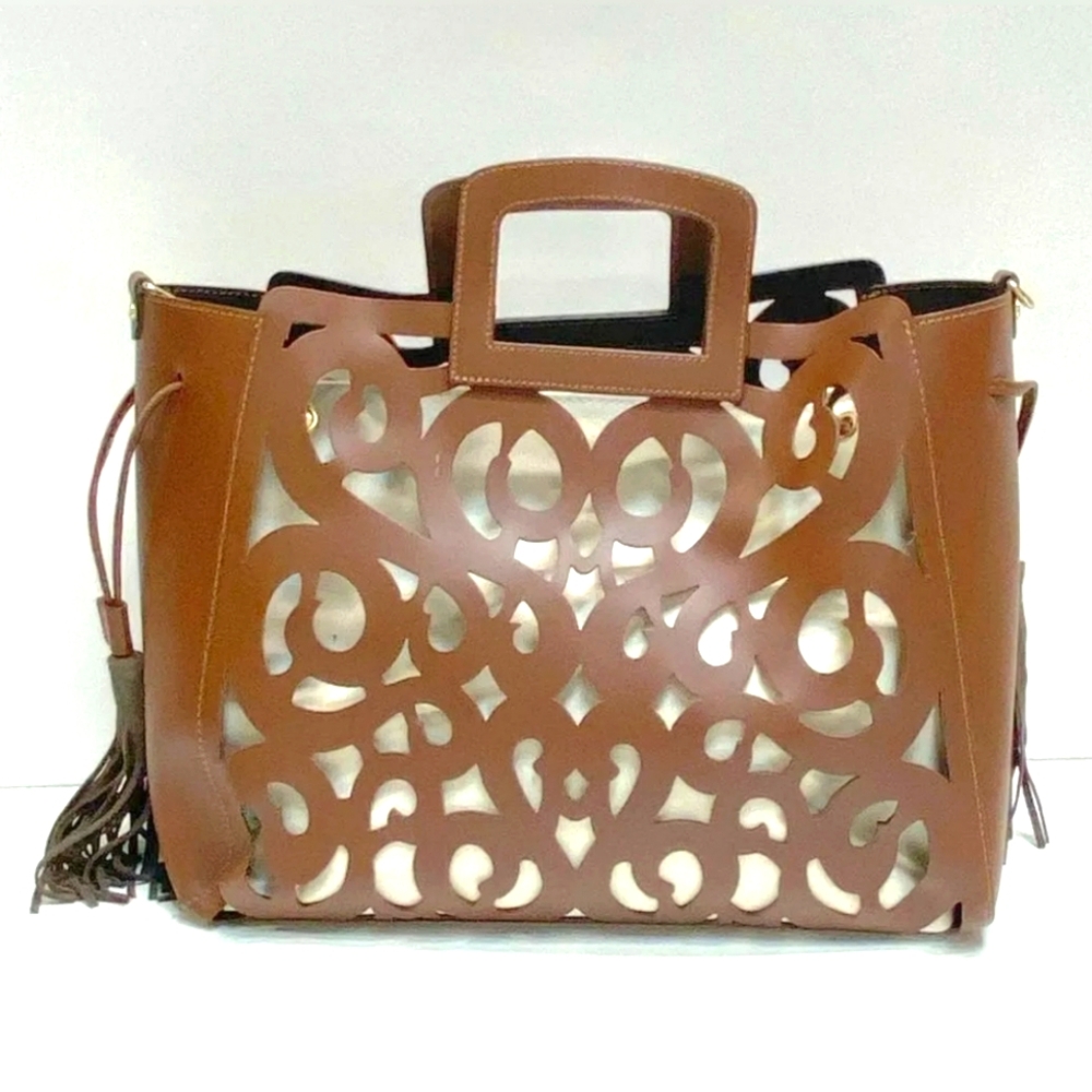A. Bellucci Italy Designer Leather Drawstring Cut Out Satchel Brown tote purse